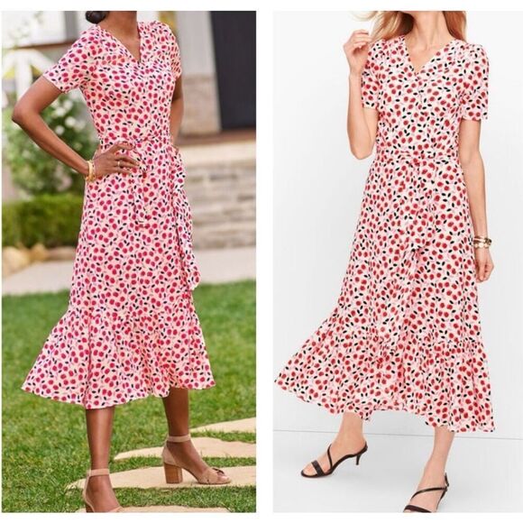 Talbots Red Pink Floral Cascade Faux Wrap Summer Dress Women’s Size 8 Petite 8P - Picture 1 of 7